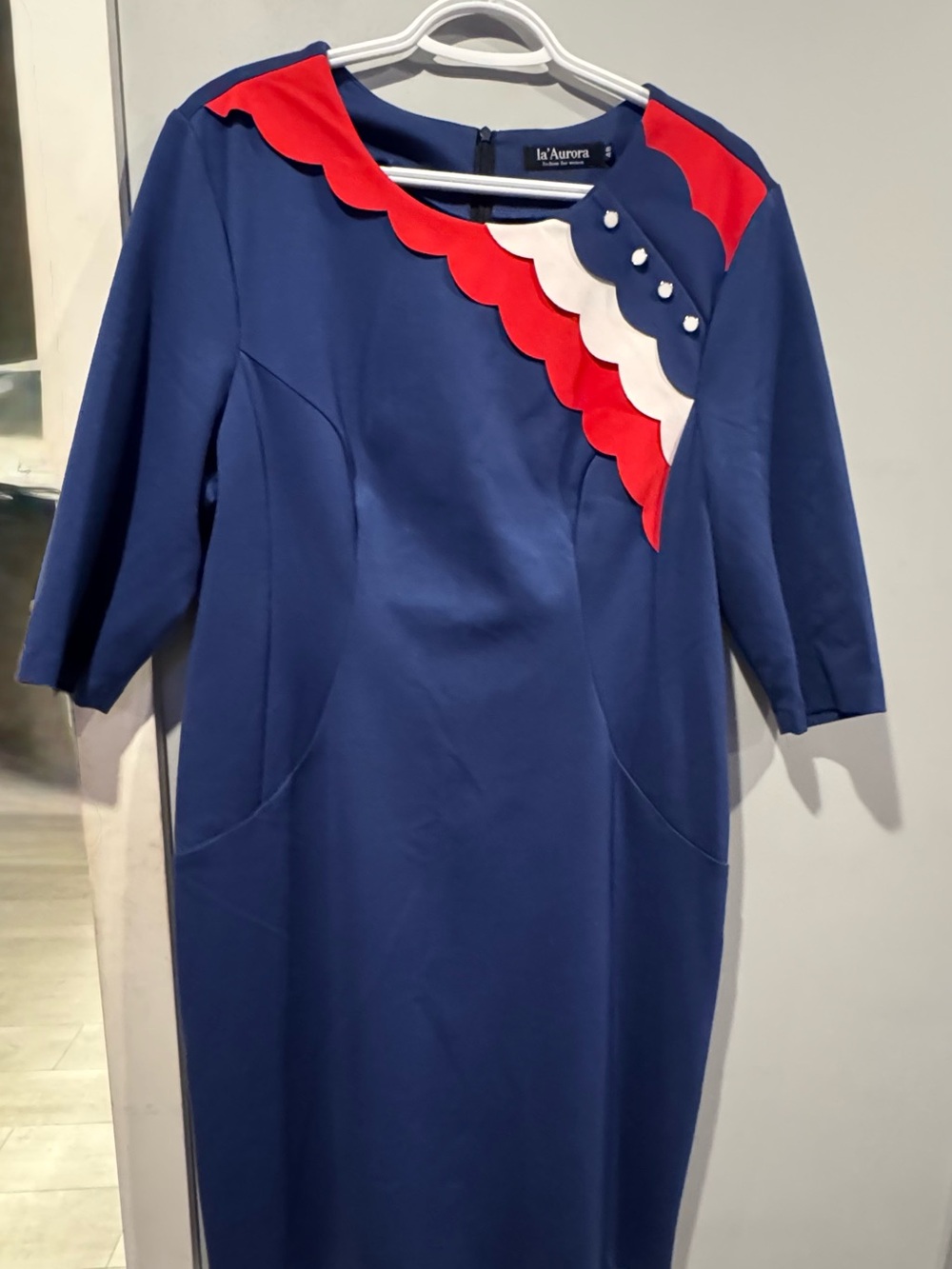 Navy Long-Sleeve Scallop Accent Sheath Dress with Red & White Trim